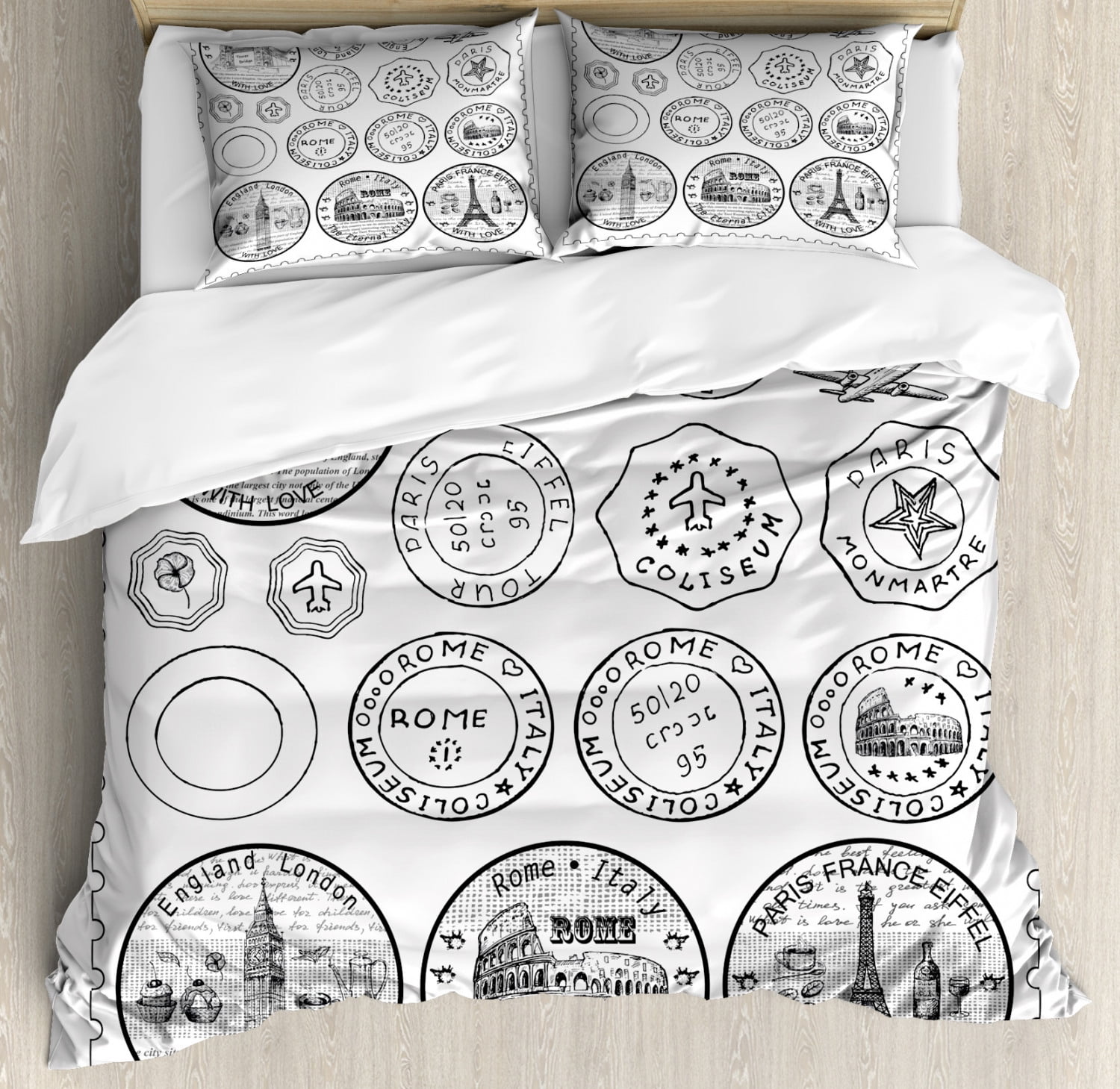 Travel Queen Size Duvet Cover Set Stamps From All Over The World