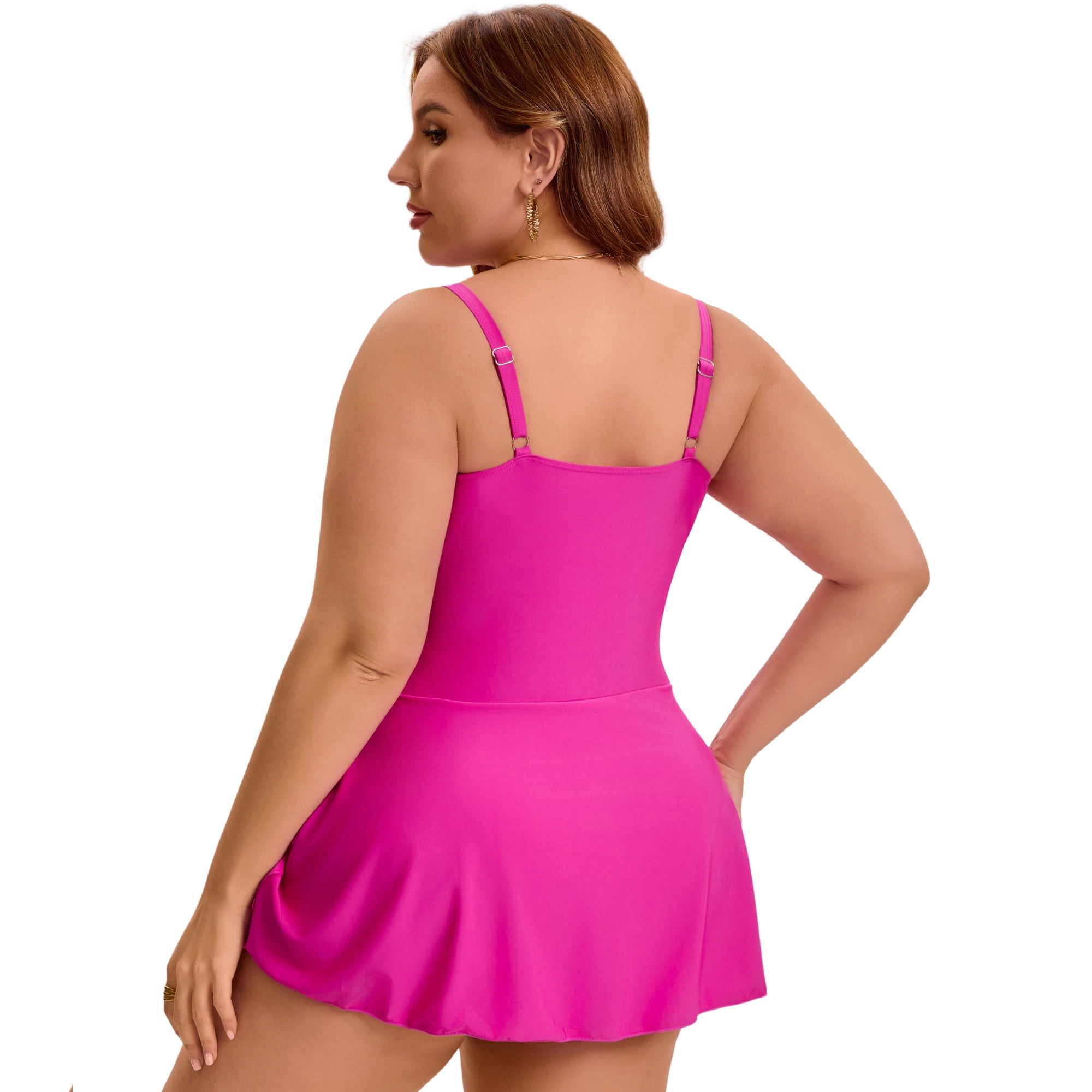 DARING DIVA Women's Plus 1 Piece Tummy Control Push Swimdress 3X Rose Red
