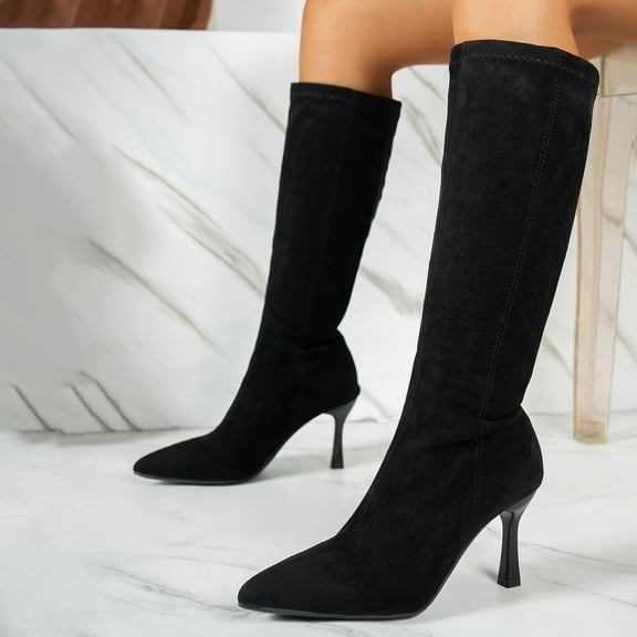 XUNKUSGA Knee High Boots Women Fashion Pointed Toe Stiletto Heel Womens Boots Solid Color Casual Versatile Tall Boots Stretchy Vegan Suede Comfort Fall Winter Boot 36-42 Black