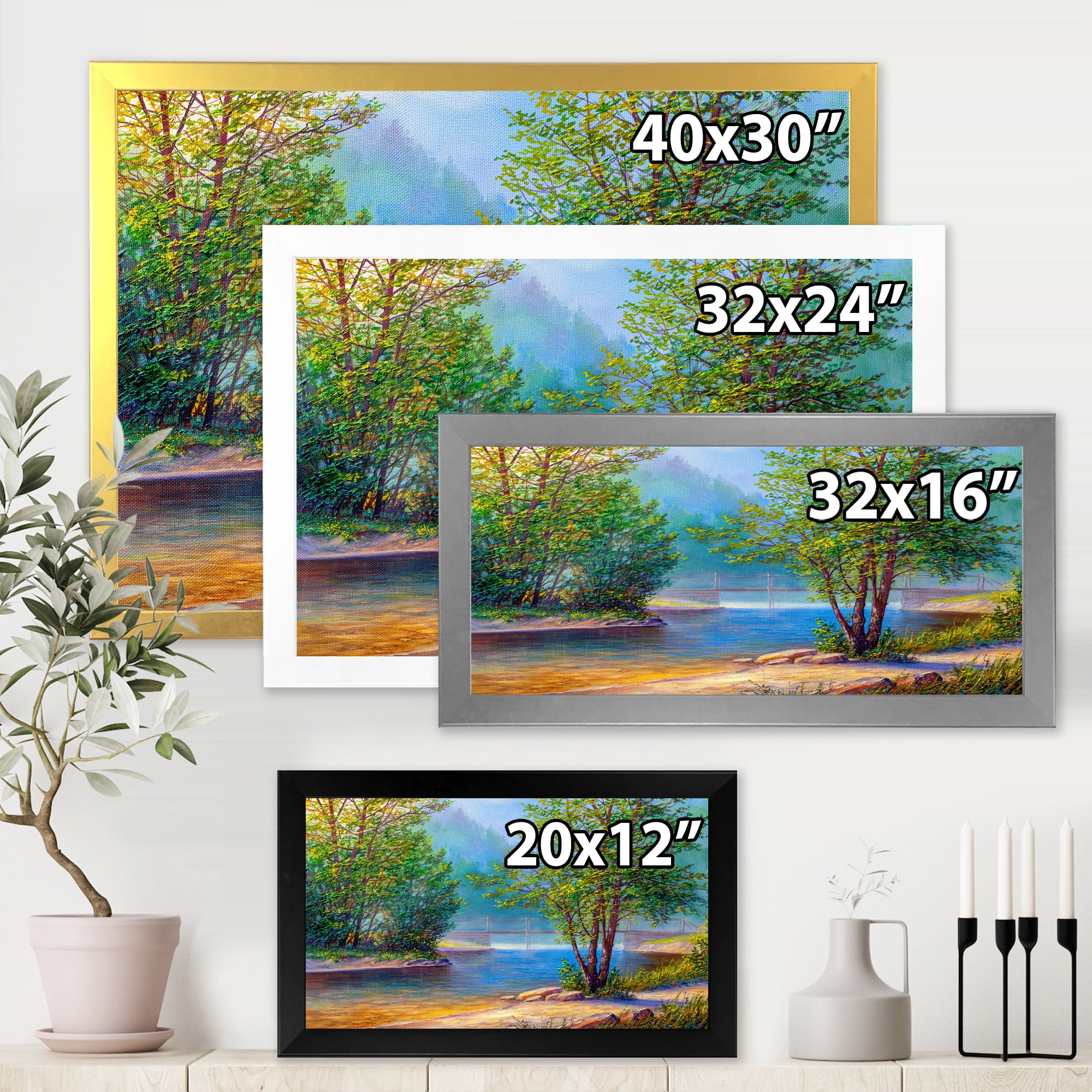 Designart 'Green Trees By The Bridge Over River' Traditional Framed Art Print