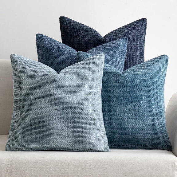 PLERISE Chenille Throw Pillow Covers, Soft Neutral Blue Decorative Cushion Covers, Set of 4, 18 x 18 inch, for Couch and Living Room
