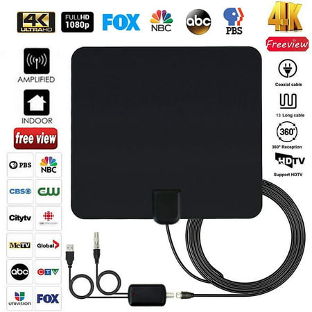 2019 Newest Indoor Digital TV Antenna for Freeview Local Channels, Strongest Reception Clear Television 100 Miles Range HDTV Antenna for 4K 1080p VHF UHF w/ Amplifier Signal Booster & 13ft Coax