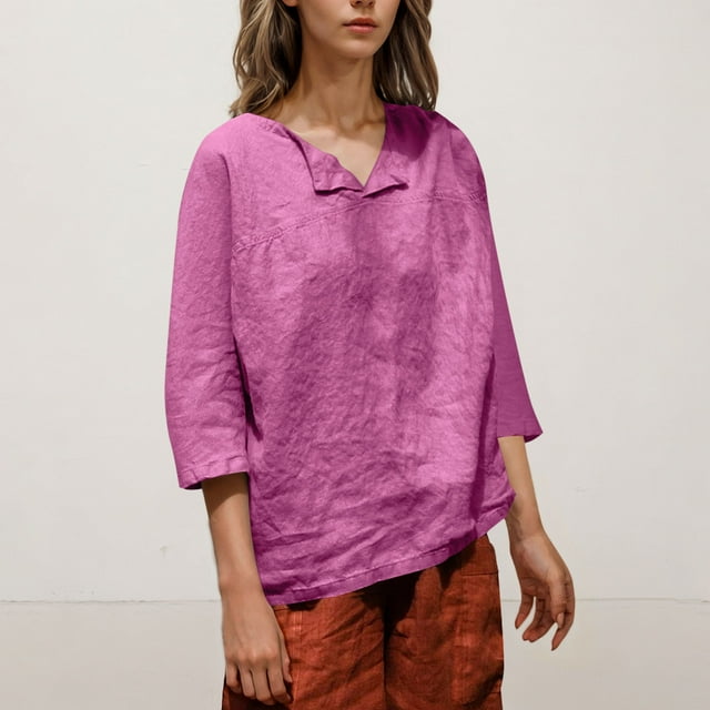 Hauts pour Femmes Bdfzl Mode Imitation et Lin Manches Trois-Quarts Col en V Haut/chemise Rose Vif P