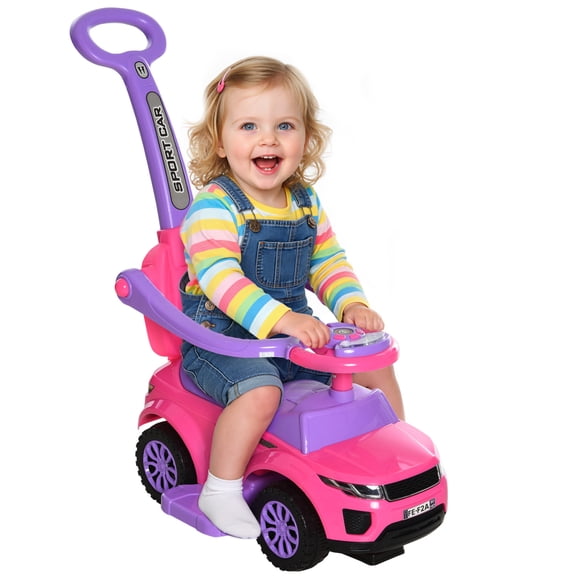 3 in 1 Push Car for Toddlers, Ride-On Stroller Sliding Car with Horn Music Light & Secure Bar, Pink