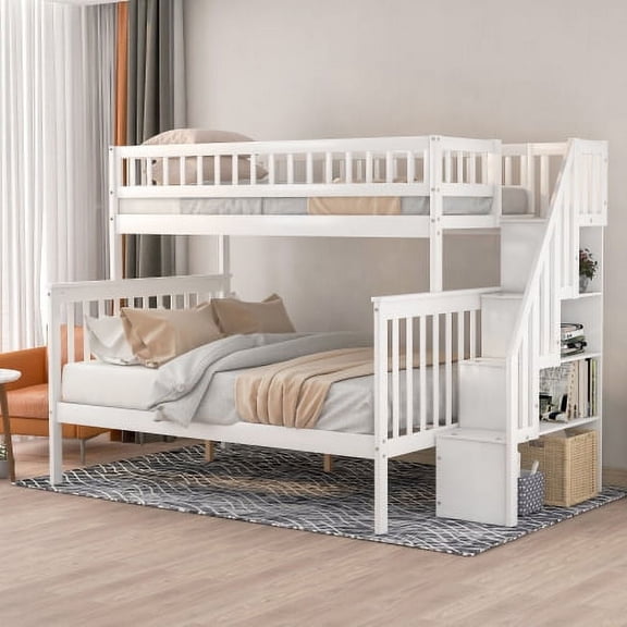 Twin over Full Stairway Bunk Bed with Storage - Modern Gray Wood Bunk Bed for Small Space, Guest Room, White
