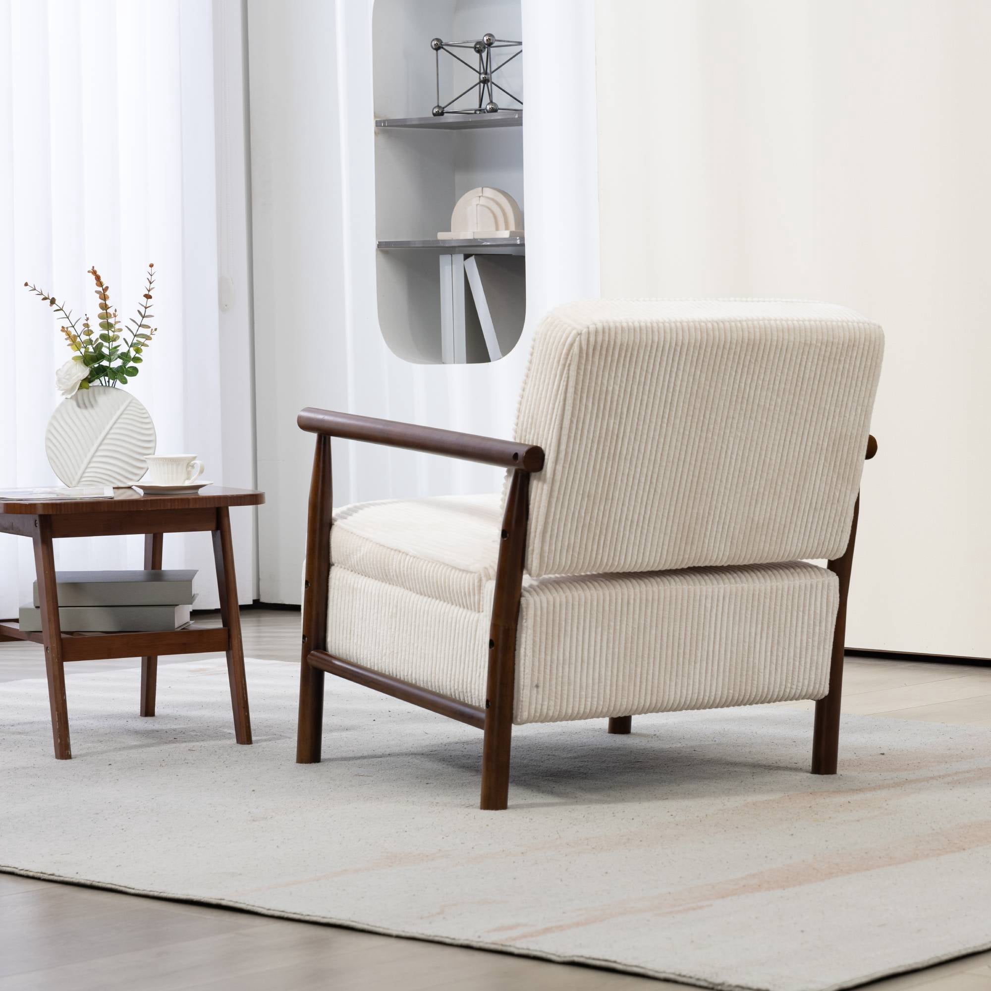 Mid-Century Accent Chair with Wood Frame, Modern Comfy Reading Armchair with Lumbar Pillow for Living Room, White