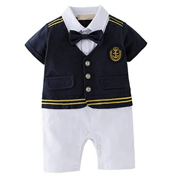 StylesILove Baby Toddler Boys Pilot Short Sleeve Cotton Romper Bow-tie Vest All-in-One Halloween Outfit (Navy Blue, 6 Months)