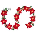 thumbnail image 1 of Guirnalda de luces navideñas de flor de pascua iluminada de 9.8 pies con bayas rojas y hojas de acebo, corona de flor de pascua de imitación de terciopelo preiluminada para decorar interiores y exteriores Ormromra WMZY-1069, 1 of 9