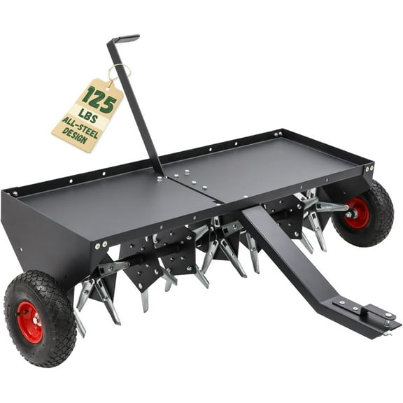 52-Inch Tow Behind Lawn Plug Aerator with Universal Hitch, Lawn Aerator Tow Behind with 40 Galvanised Steel Tines,Tray and Inflatable Wheels for Gardens, Lawns, Farms