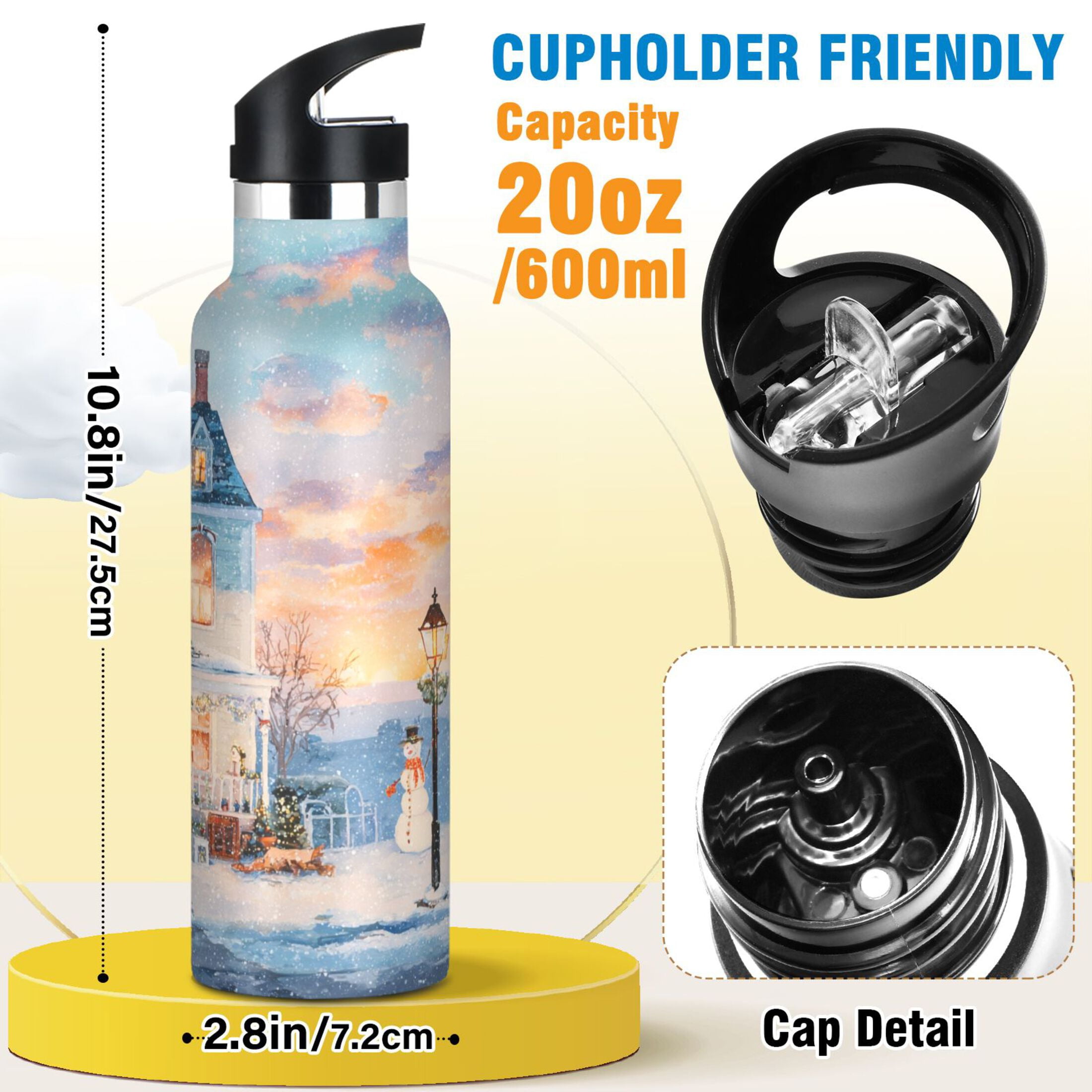 600ML Stainless Steel Insulated Cup Sports Water Bottle Portable Thermos Cup Water Glasses Insulated Tumblers Convenient and Durable Snow Christmas House