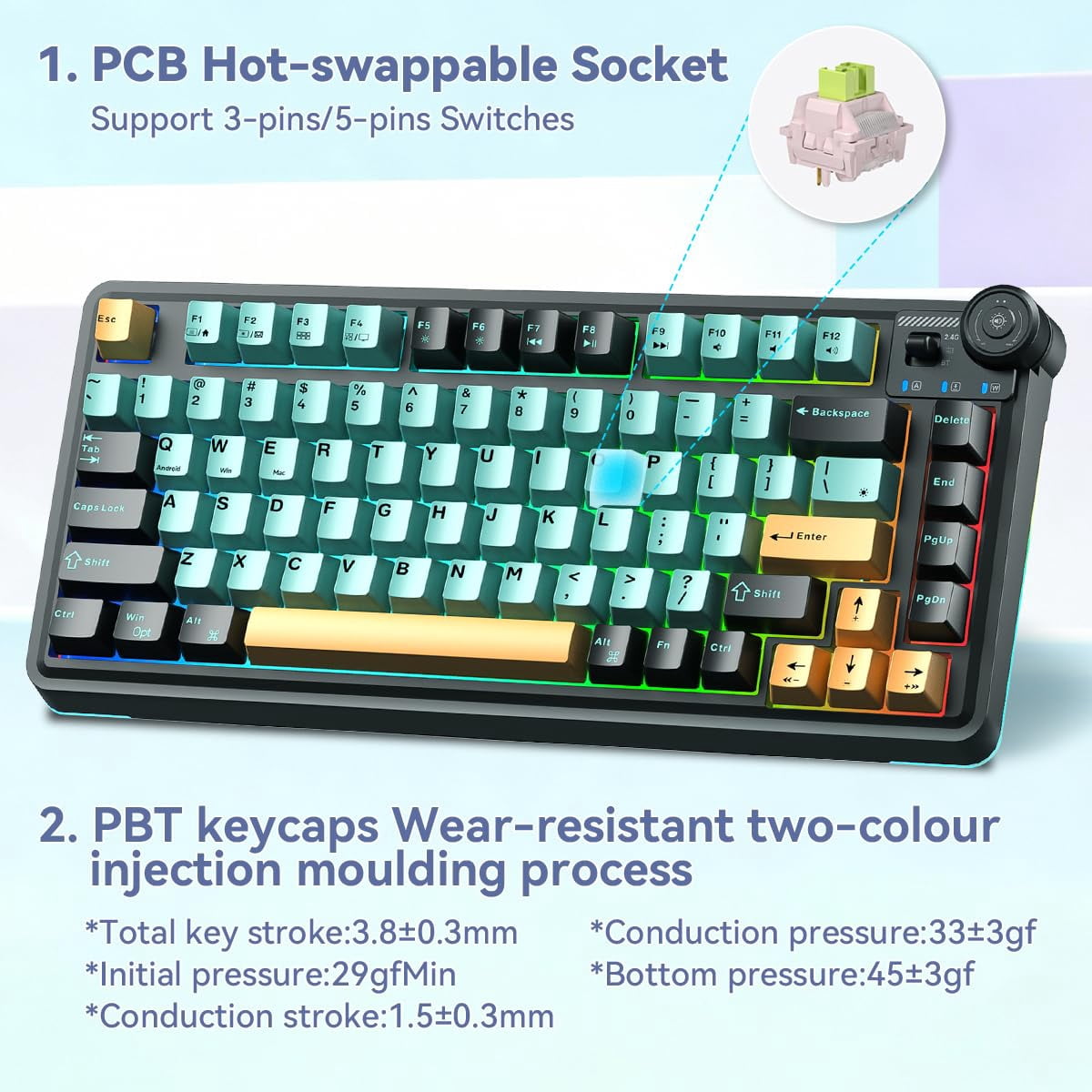 Aula AU75 Wireless Mechanical Keyboard, Hot Swap Gasket Gaming Keyboard with Knob, 4000mAh, 75% Five-Layer Padding PBT Keycaps, Orange