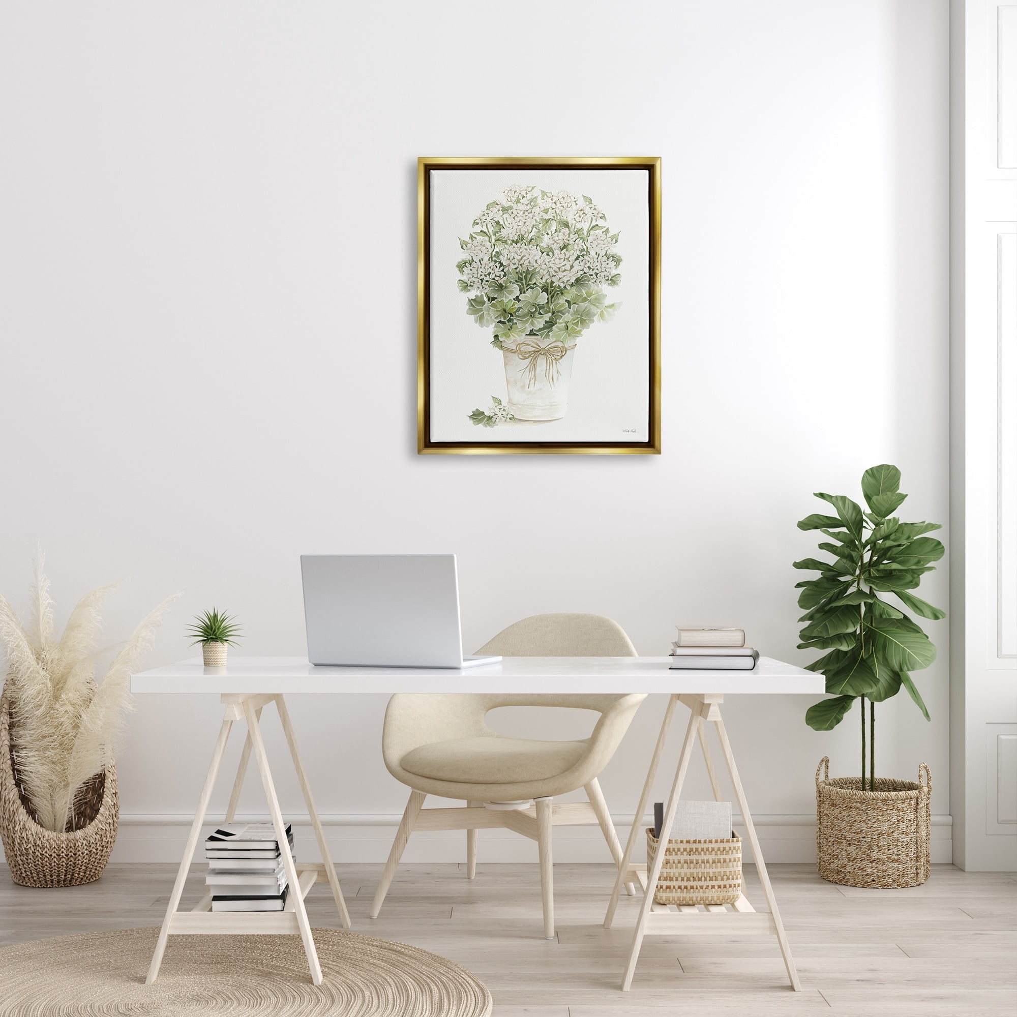 Stupell Industries Round Flower Bouquet Small White Dainty Petals Painting Metallic Gold Floating Framed Canvas Print Wall Art, Design by Cindy Jacobs