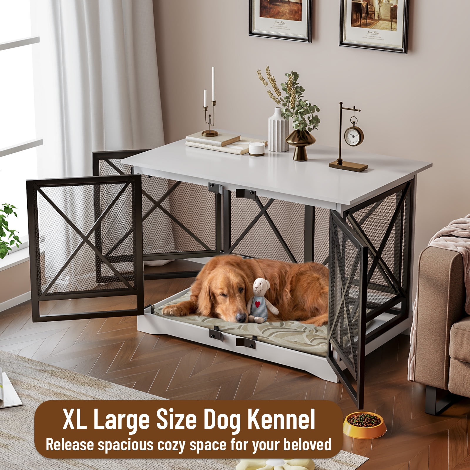 48 inch Extra Large Dog Crate Furniture,Double Door Indoor Kennel,End Side Table Wooden Dog Crates,Anti-Chew Anti-Escape, White