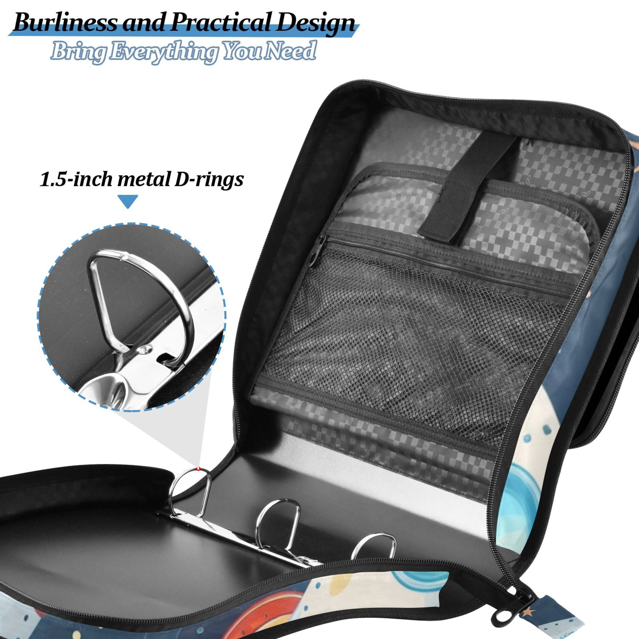 3 Ring Zipper Binder with Shoulder Strap Waterproof Trapper Keeper 2 Inch D-Ring 500 Sheets Capacity Cartoon Rocket Planet Star