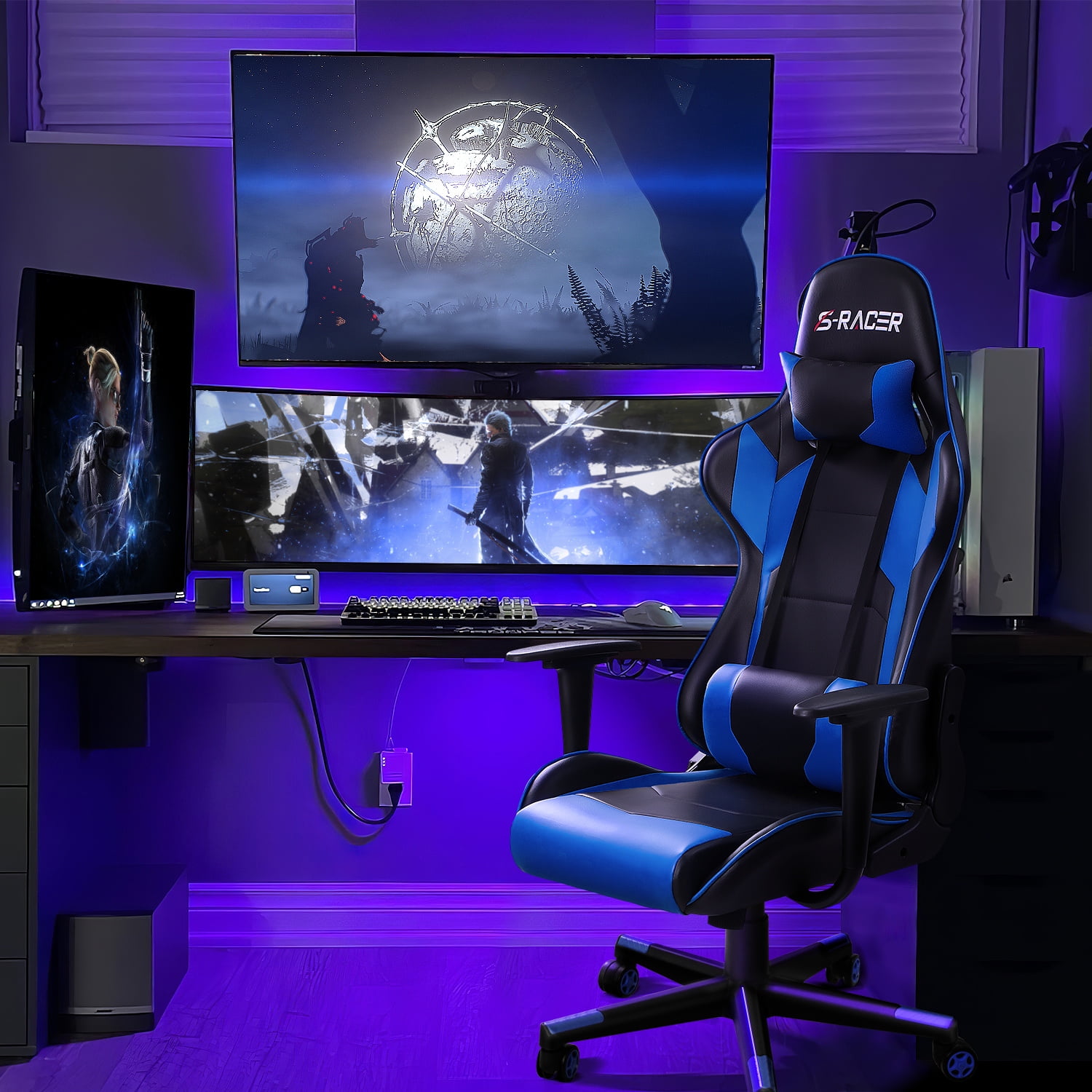 Homall Gaming Chair Office Chair High Back Computer Chair Leather Desk Chair Racing Executive Ergonomic Adjustable Swivel Task Chair with Headrest and Lumbar Support, Blue