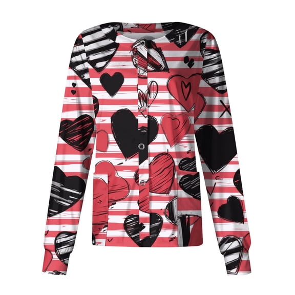 Hearthz S-5XL Valentines Day Nursing Jackets for Women Long Sleeve Snap Front Holiday Scrub Tops Love Heart Graphic Women’s Nurse Uniforms with Pocket