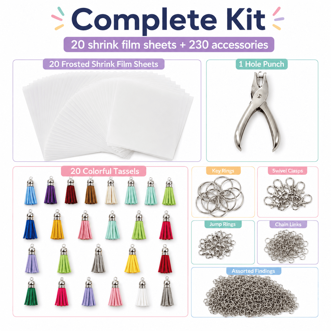 Shrinky Dink Keychain Kit Shrink Sheets Kit - Clear Heat Shrinky Art Film Paper with Keychain Accessories for Making Creative Craft Handwork 251 Pcs
