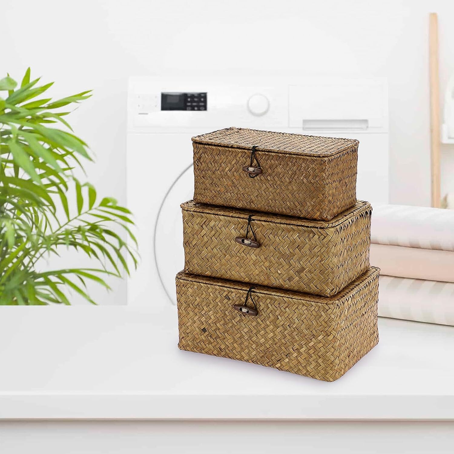 3 Pack Wicker Baskets with Lids, Nautral Seagrass Storage Baskets, Woven Rectangular Basket Bins, Rattan Storage Organizer for Shelf