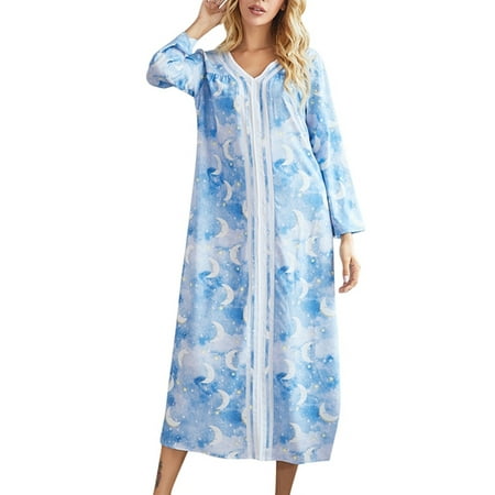 

WBQ Women Nightgown Long Sleeve Sleepwear Loungewear V Neck Floral Print Nightshirts Ankle-Length Pullover Pajama Dress Casual Loose Thin Pajamas House Dresses Blue S-2XL