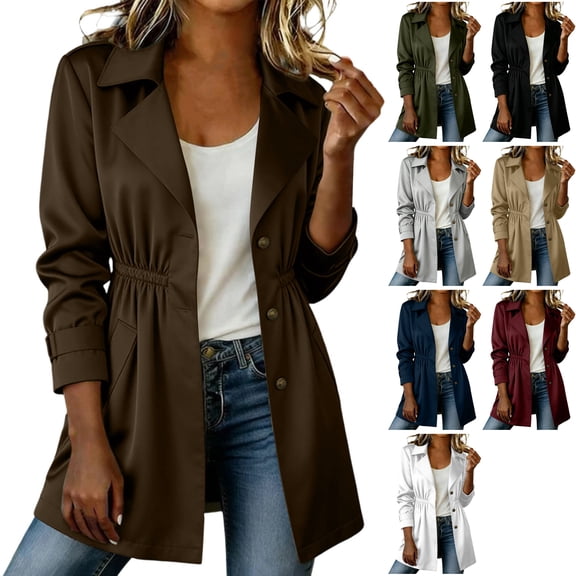 Womens Twill Button Down Trench Coat Lapel Collar Elastic Waist Jacket Long Sleeve with Pockets Windproof Windbreaker for Business Casual, Brown, XL