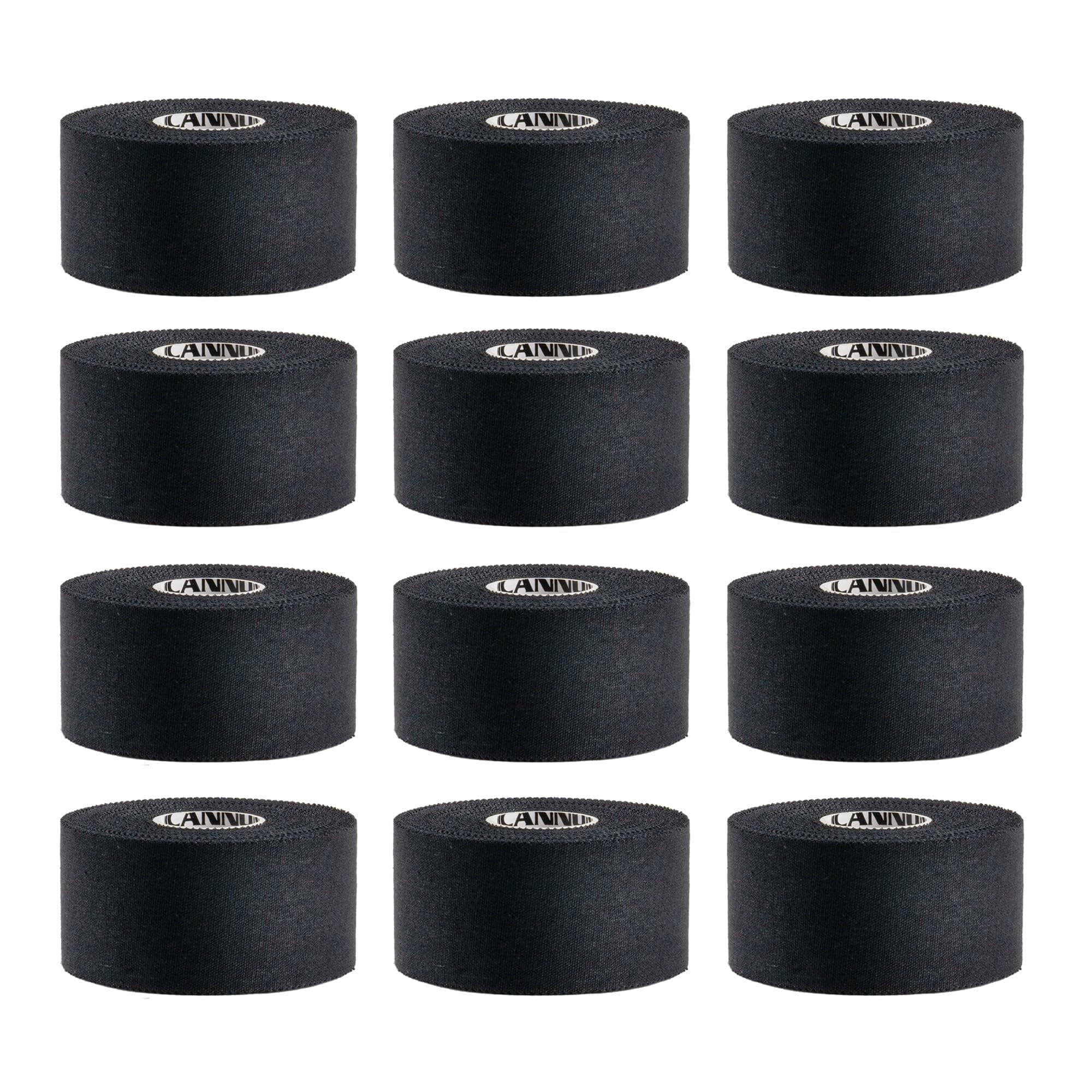 Cannon Sports Premium Athletic Tape - 1.5” x 45 Feet Per Roll - Easy Tear, No Sticky Residue, Very Strong, Hypoallergenic and Latex Free Sports Tape for Athletes and Trainers – Bulk 12 Pack (Black)