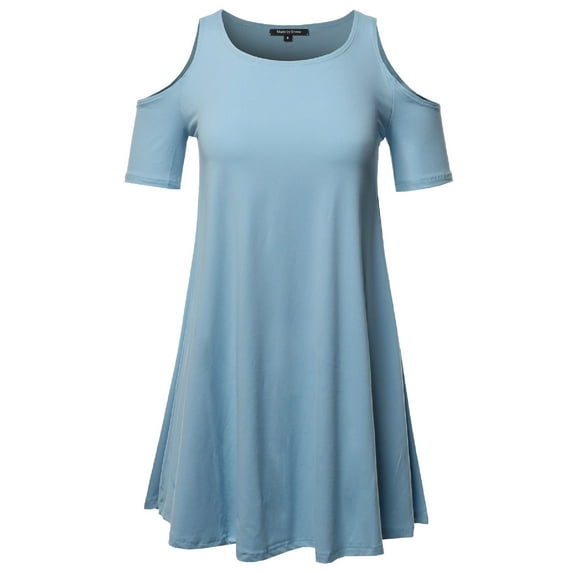 FashionOutfit Women's Solid Cold Shoulder Short Sleeves Swing Mini Dress