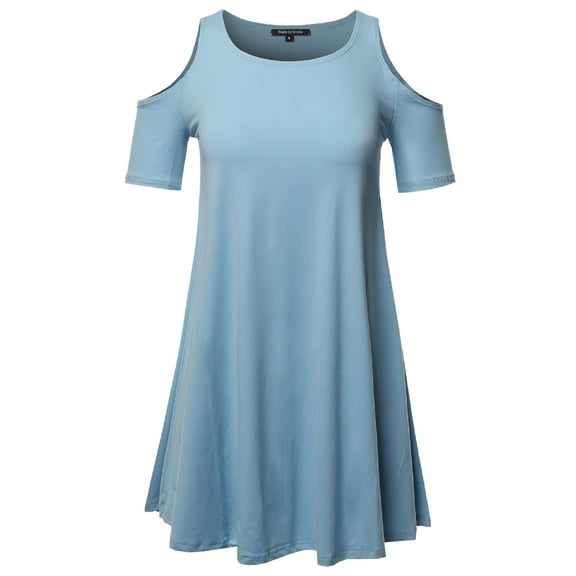 FashionOutfit Women's Solid Cold Shoulder Short Sleeves Swing Mini Dress