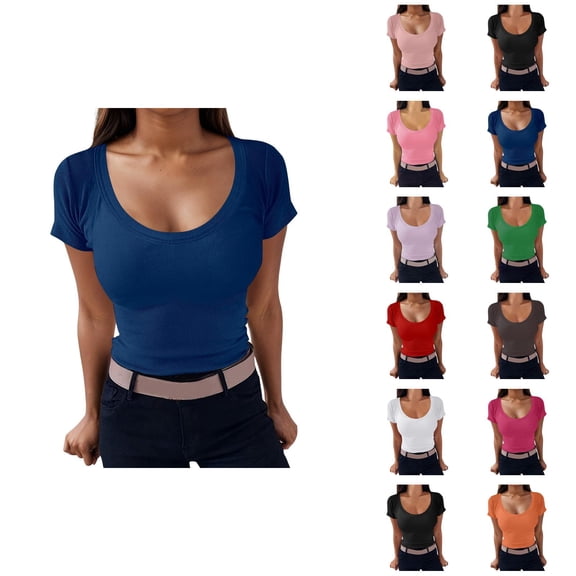 Womens T Shirts Summer Tops 2025 Solid Color Scoop Neck Slim Fit Ribbed Knit Basic Tees Tshirts Shirts for Women