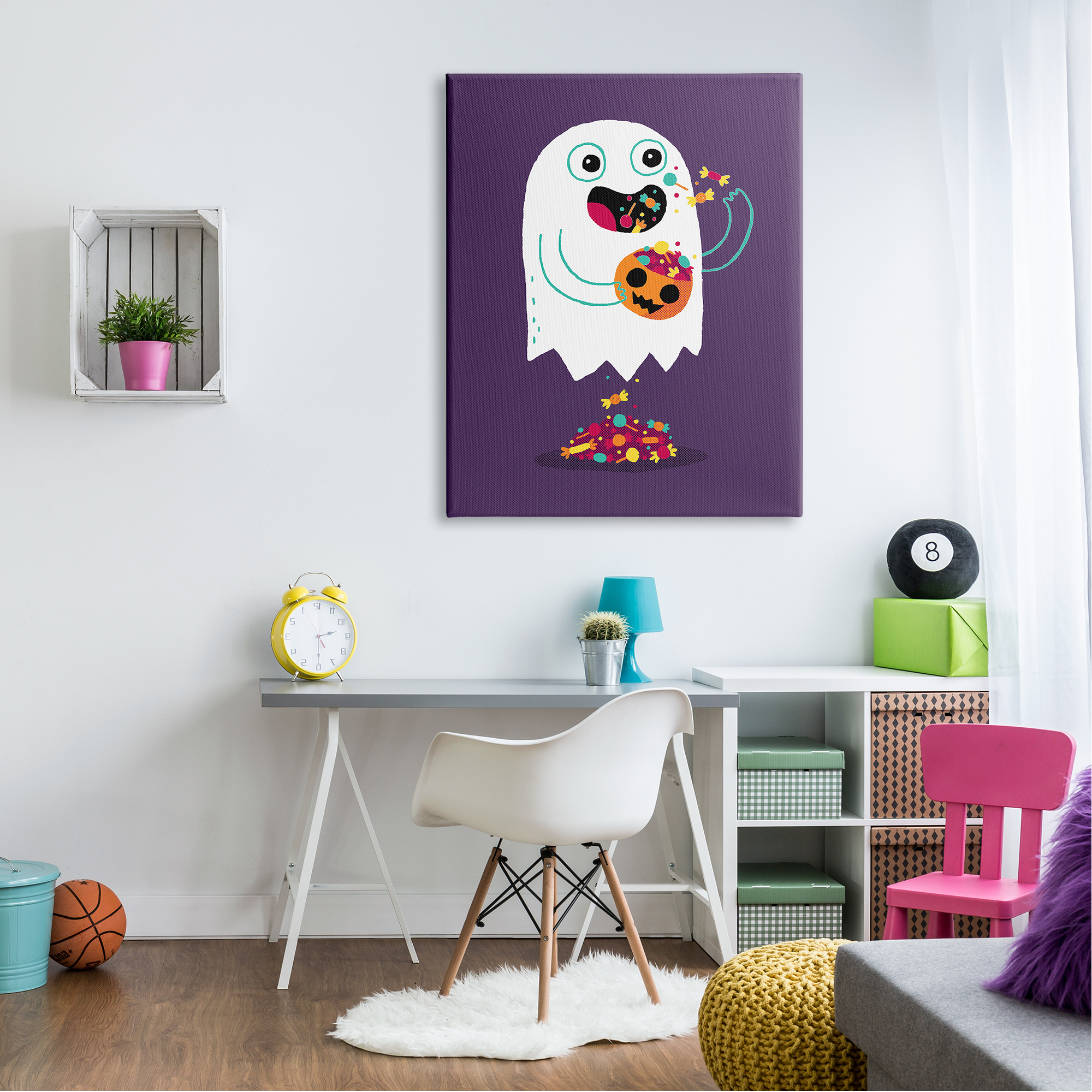 Stupell Industries Smiling Ghost Eating Halloween Candy Carved Pumpkin Canvas Wall Art, 36 x 48, Design by Michael Buxton