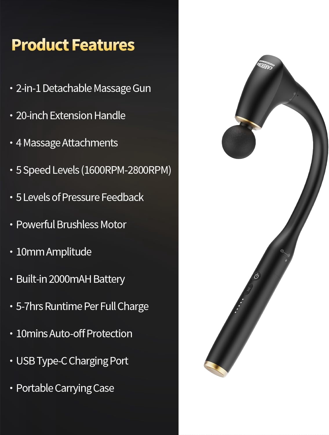 2-in-1 Detachable Percussion Massage Gun with Extension Handle for Deep Tissue Muscle Relief