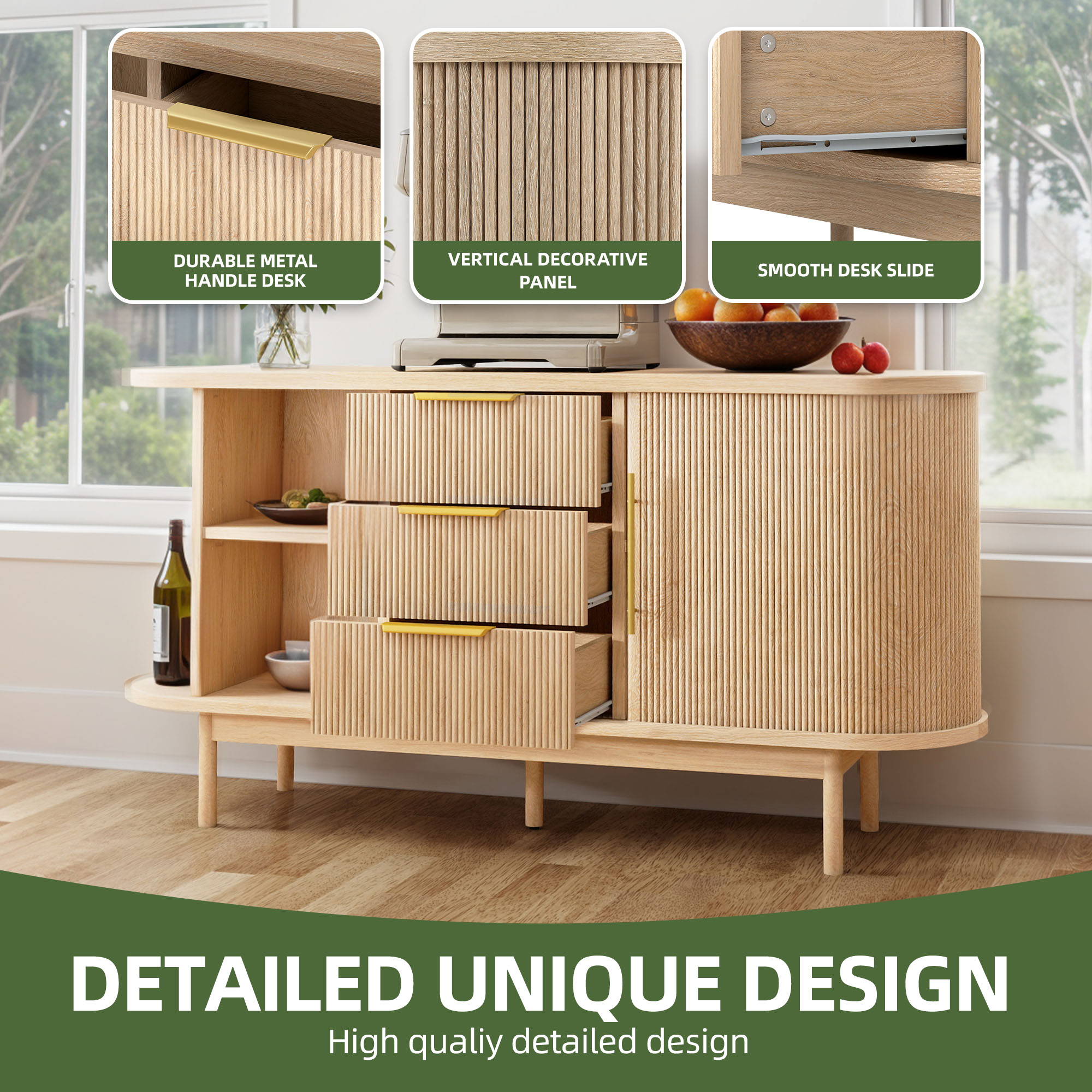 Uforic Fluted Sideboard with Drawers, Modern Buffet Cabinet with Storage & Adjustable Shelves, Oak
