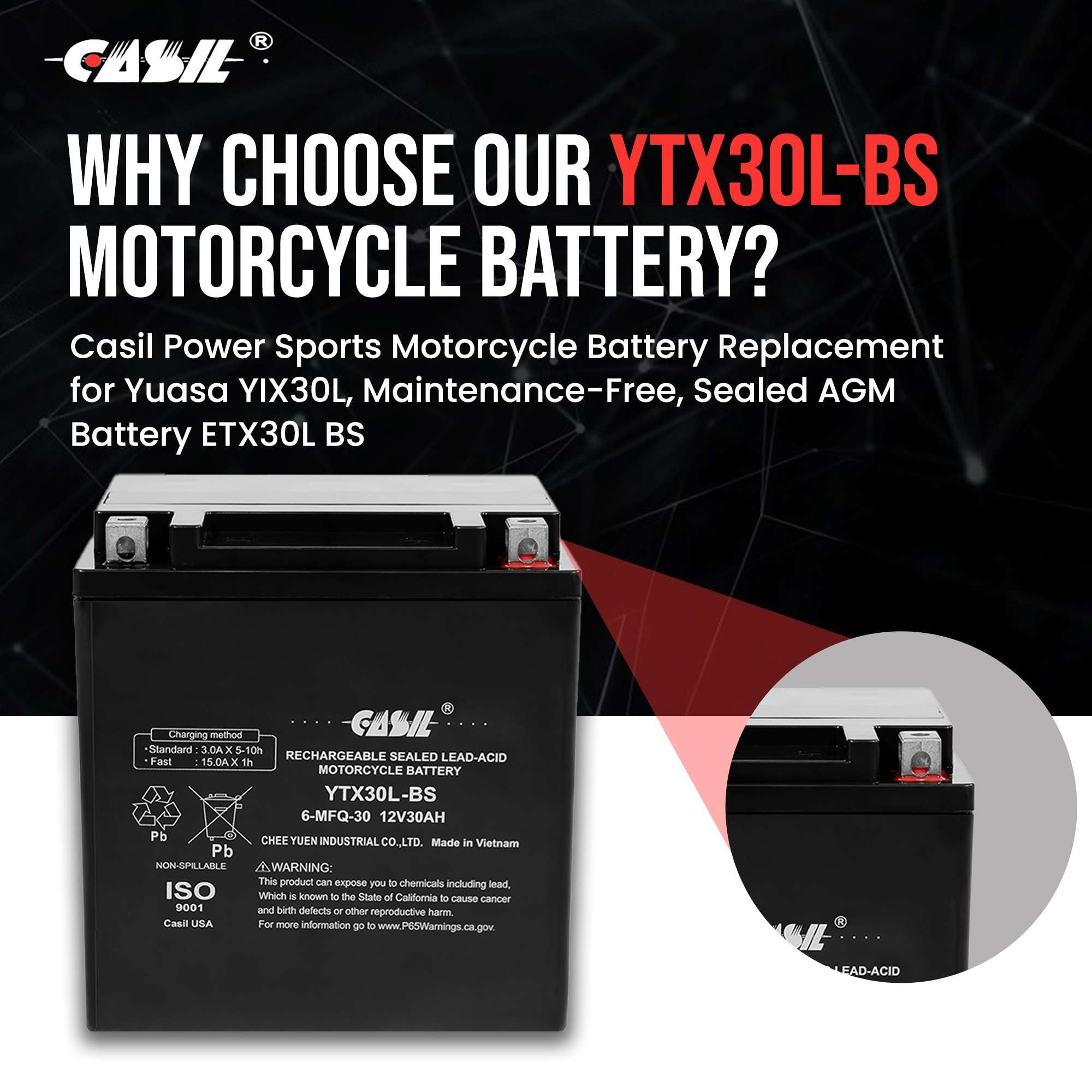 Casil YTX30L-BS Power Sports Battery 12V 30AH Motorcycle Battery for Polaris 800 Ranger 2012-2014