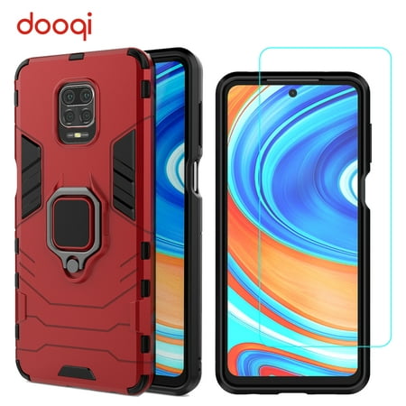For Xiaomi Redmi Note 9 Pro Hybrid Magnetic Stand Ring Holder Hard Armor Red Case Cover + Tempered Glass Protector