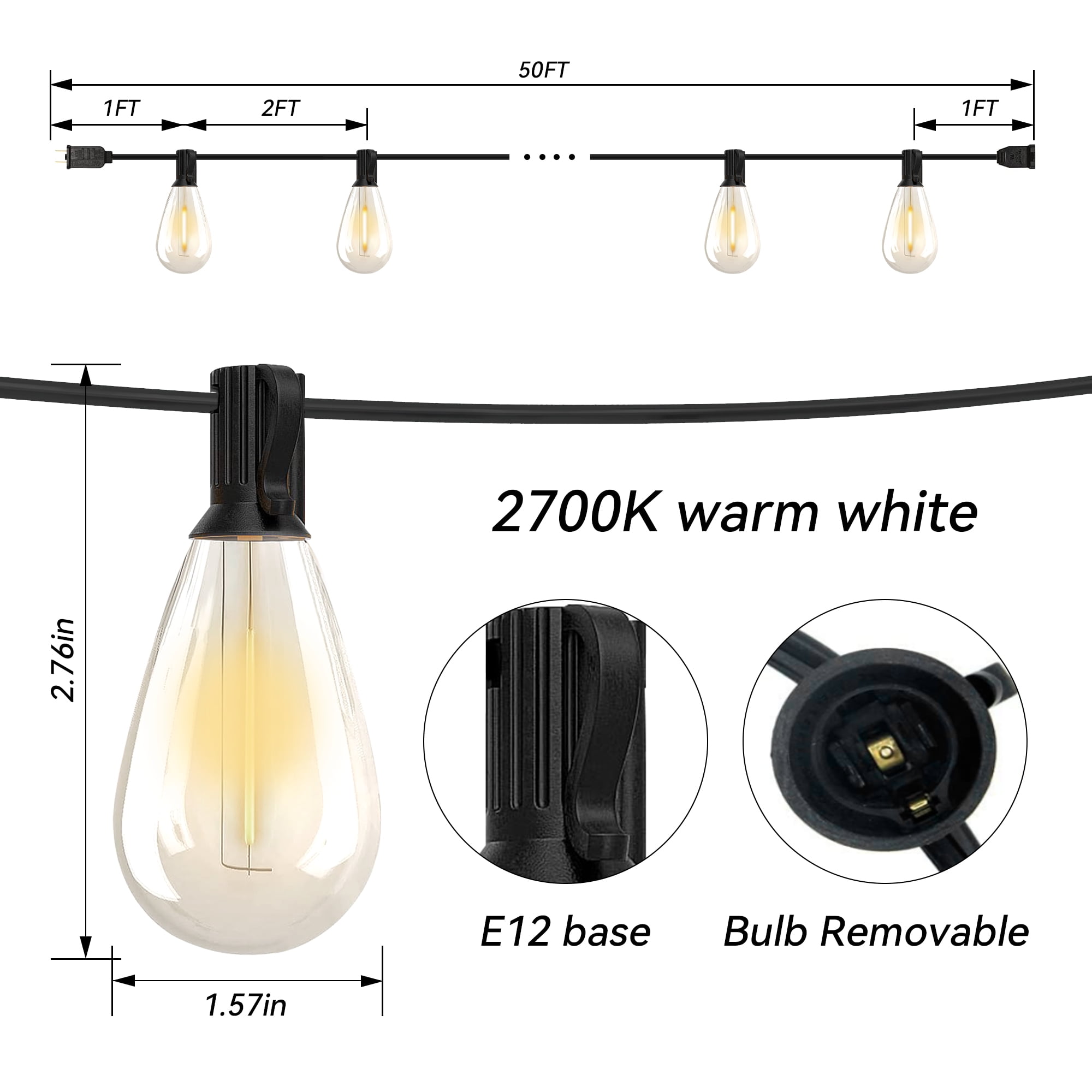 PHOPOLLO LED Outdoor String Lights S14 50ft, 25 Vintage Bulb Shatterproof, Waterproof, Connectable Hanging Lights for Yard, Patio, Deck, Garden.
