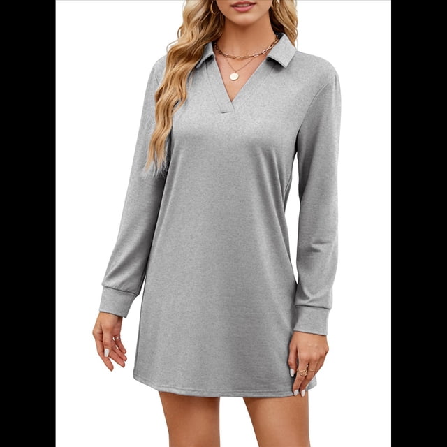 Vestido de Otoño 2025 para Mujer, Estilo Suéter Deportivo Informal, Holgado, de Larga y Cuello en V, de Color Liso. Gris M