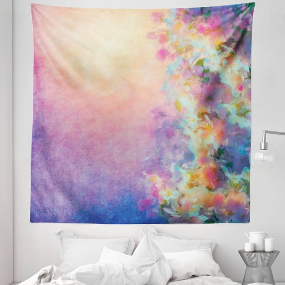 Purple Tapestry, Watercolor Style Effect Spring Cherry Blossom Japanese Nature Print, Fabric Wall Hanging Decor for Bedroom Living Room Dorm, 5 Sizes, Marigold and Purple, by Ambesonne
