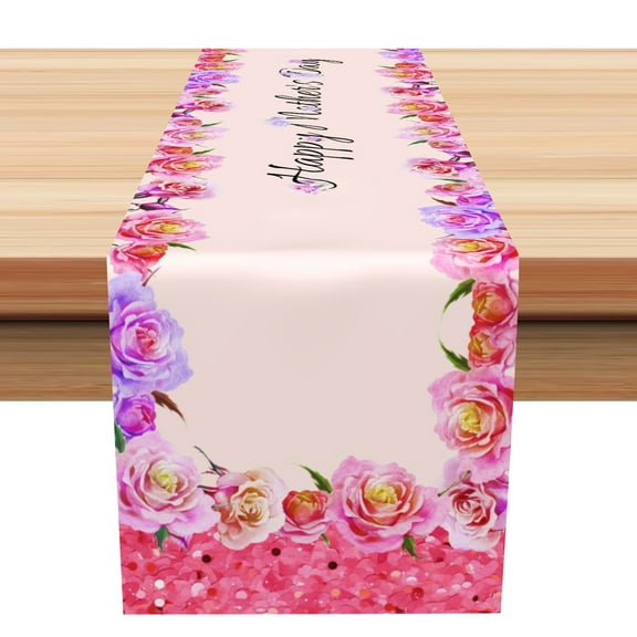 SUNOLIFE Happy Mother's Day Table Runner,Pink Floral Flowers Kitchen Dining Table Decoration for Home Party 13 x 72 Inch