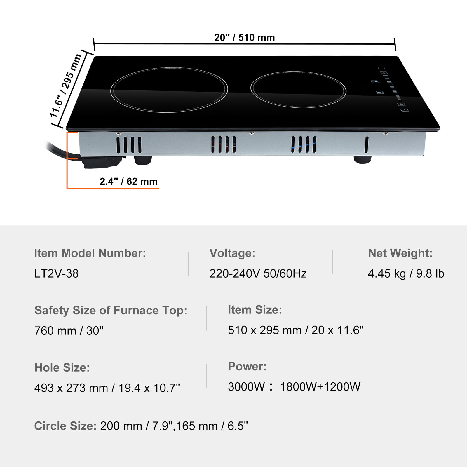 BENTISM 3000W Built-in Electric Cooktop Radiant Induction Cooktop Ceramic Cooktop 2 Burners Sensor Touch Stove 11.6''x20''