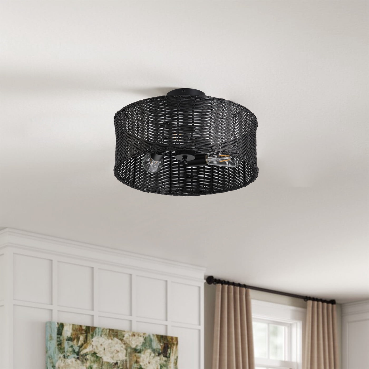 Aiwen 3-Light Modern Rattan Chandelier, Black Iron Cage Ceiling Light