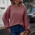 thumbnail image 3 of Women Round Neck T Shirt Lantern Long Sleeves Shirred Cuff Loose Fitting Casual Blouses Wine Red L, 3 of 6