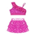 thumbnail image 3 of TiaoBug Girls Sequins Hip Hop Jazz Dance Costume One Shoulder Crop Top with Tiered Skirt Latin Dancewear Hot Pink-A 6, 3 of 5