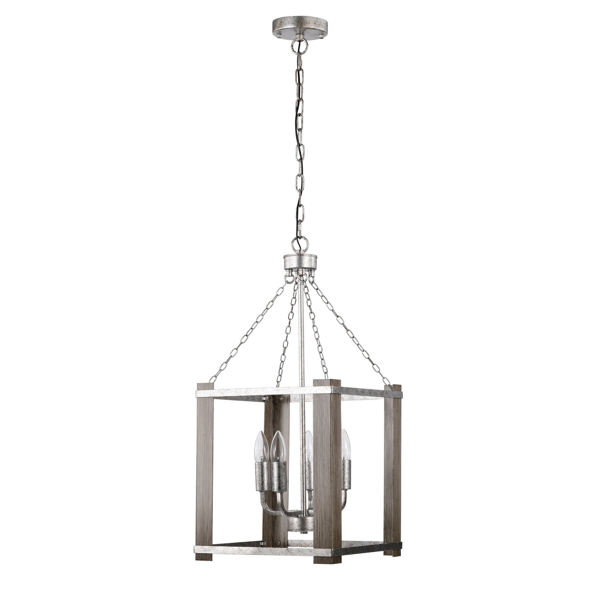 Jenus 13 in. 4-Light Indoor Rustic Silver and Faux Wood Grain Finish Chandelier with Light Kit