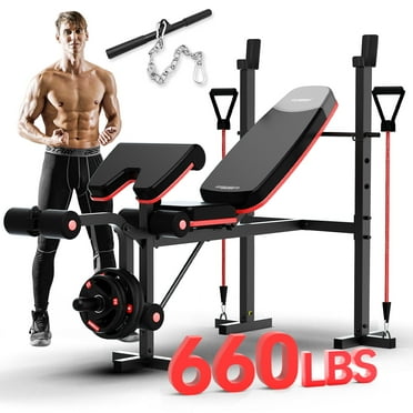 HARISON 6 in 1 Weight Bench Set with Leg Extension and Preacher Curl, 660LBS weight bench with squat rack and bench for Home Gym with Resistance Bands