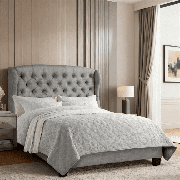 Gewnee Queen Size Upholstered Platform Bed Frame with Adjustable Wingback Headboard.Box Spring Required.Light Gray