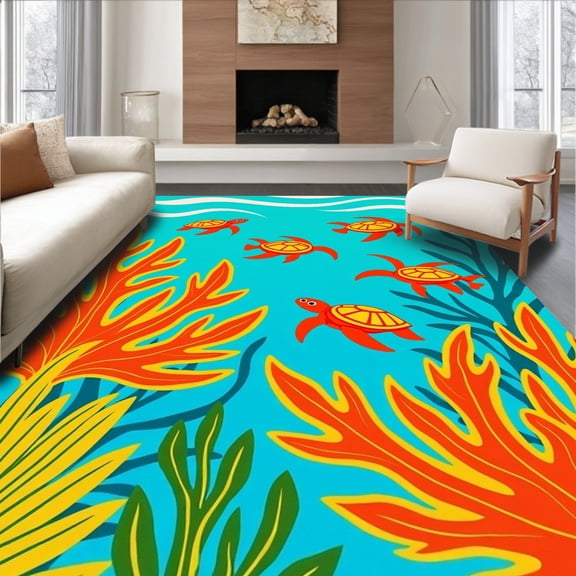 ODIKA 4'x6' Machine Washable Non-Slip Area Rug, Vibrant Underwater Coral Reef Latch Hook High Traffic Rug, Blue, 640236