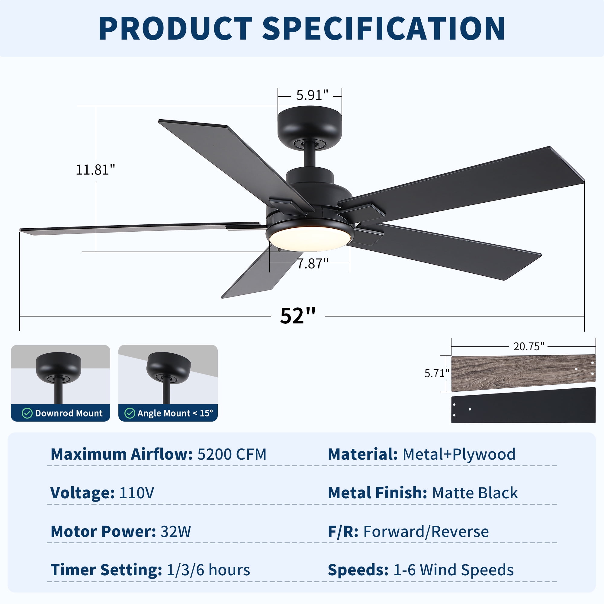 Leumius 52" Ceiling Fan with Light and Remote with Quiet DC Motor, Reversible Blades, Dimmable 3CCT LED Light for Living Room Bedroom Matte Black