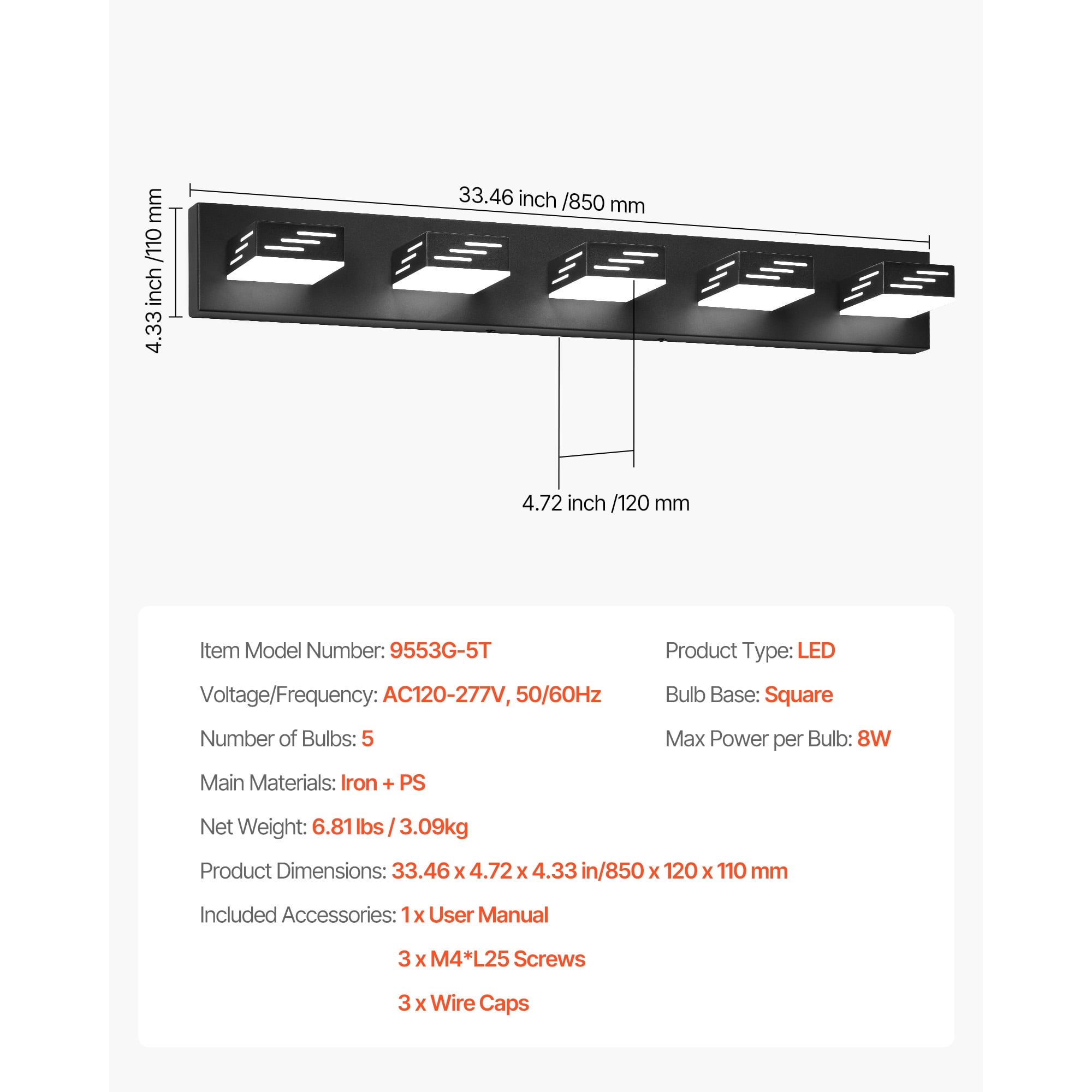 KFFKFF 5-Light LED Vanity Light Fixture, 33.46-Inch, Black Finish Wall Lighting for Bathroom, Bedroom, Living Room, Hallway, Cool White 6000K, IP44 Waterproof