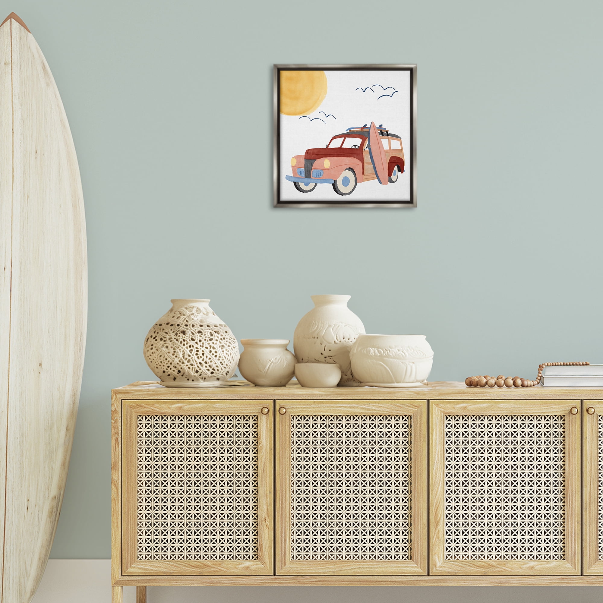 Stupell Industries Summer Surf Wagon Transportation Painting Gray Floater Framed Canvas Art Print Wall Art, 18 x 18