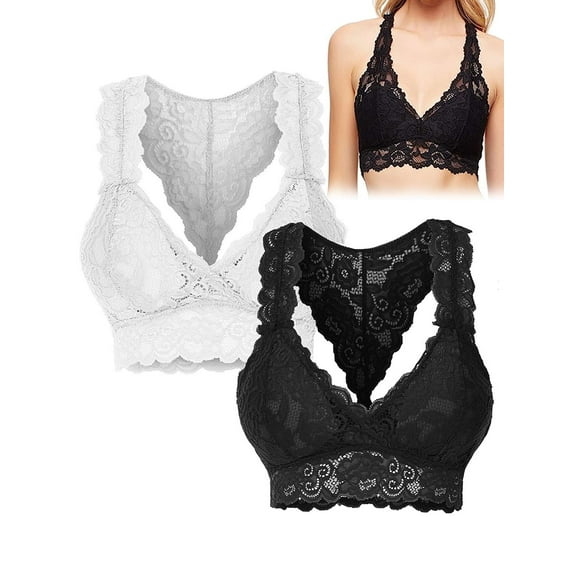 Gustave 2-Pack Women's Floral Lace Bralette Unpadded Deep V Bra Sexy Racerback Wire Free Bra Lingerie Crop Top "2XL/3XL"