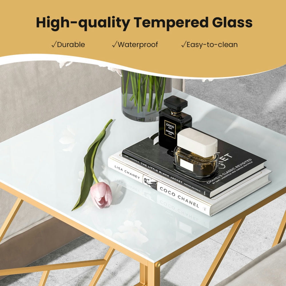 Finihen End Table, Tempered Glass End Table, Square End Table with Tempered Glass Tabletop and Gold Finish Geometric Frame, for Living Room, Bedroom, White & Gold Finihen End Table, Tempered Glass End Table, Square End Table with Tempered Glass Tabletop and Gold Finish Geometric Frame, for Living Room, Bedroom, White & Gold